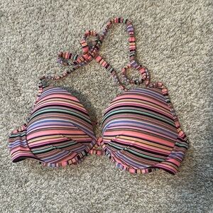 Multi colored striped halter tie bikini top